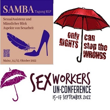 Zu sehen sind die Logos der Fachtagung SAMBA, der Sexworkers UN-Conference und ein weiteres mit dem Spruch: "only rights can stop the wrongs".