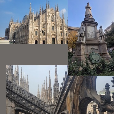 Collage aus drei Bildern: oben links wird der Mailänder Dom von außen gezeigt, darunter ein Blick über das Dach des Doms mit vielen kleinen Türmen. oben rechts befindet sich ein Bild eines Denkmals zu Ehren Leonardo Da Vinci's.